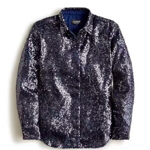 NWT J. Crew Collection Dark Navy Blue Sequin Button Down Shirt, 8